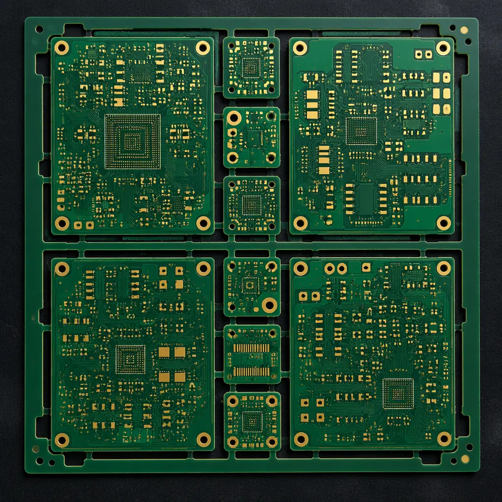 Mixed PCB panel showing large and small boards nested together for maximum utilization