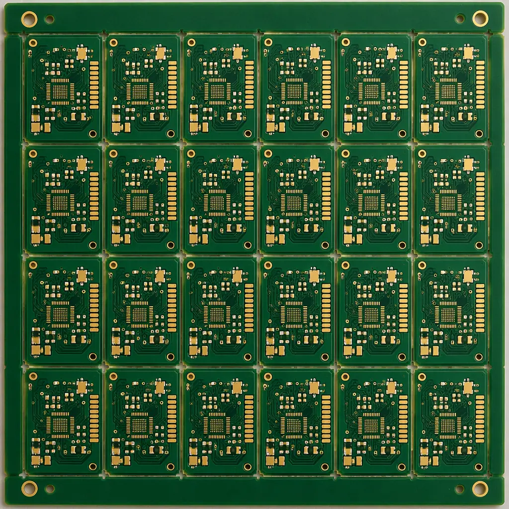 PCB panel nesting layout showing optimized board placement with V-score lines