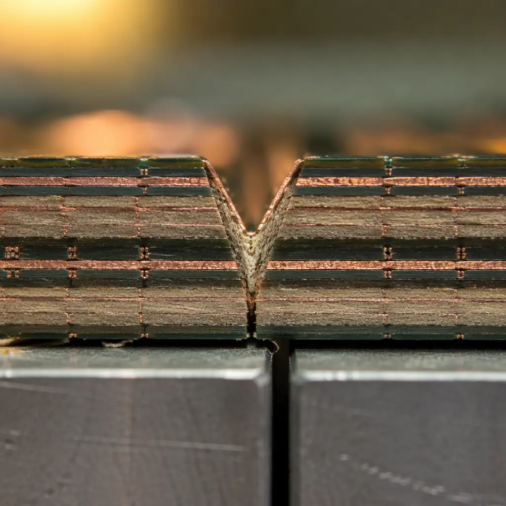 Close-up of V-score grooves on PCB panel with boards ready for depanelization