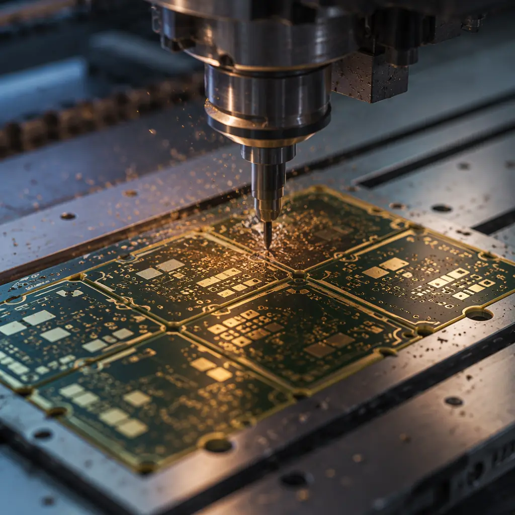 CNC router machine depaneling PCB panels with tab routing, showing perforated breakaway tabs