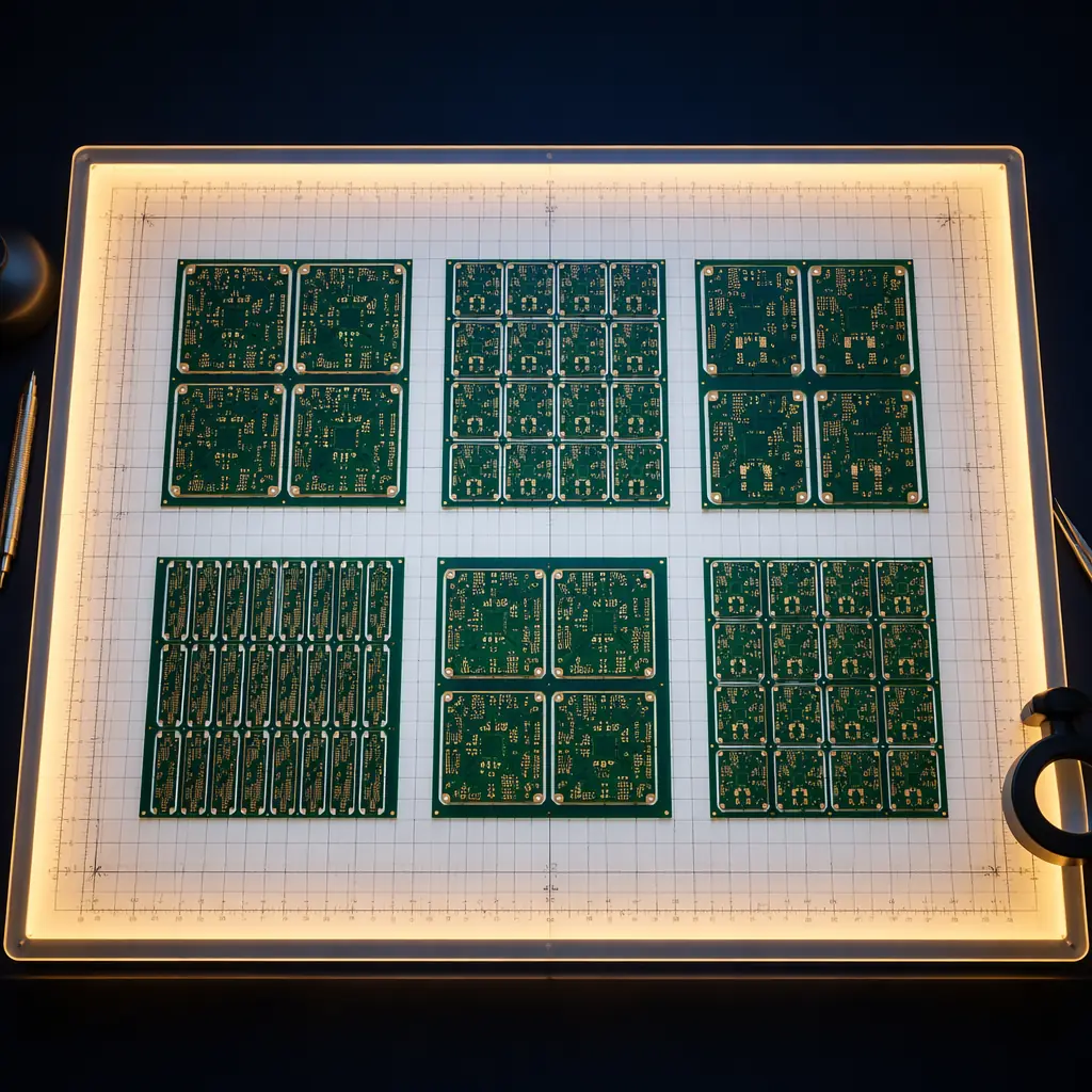 PCB panel layout optimization showing different board arrangements with utilization rate calculations from 65% to 92%