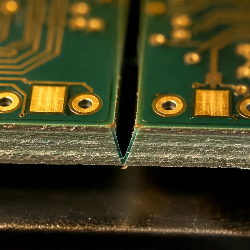 PCB panel with V-scoring grooves showing individual board separation lines on a manufacturing panel