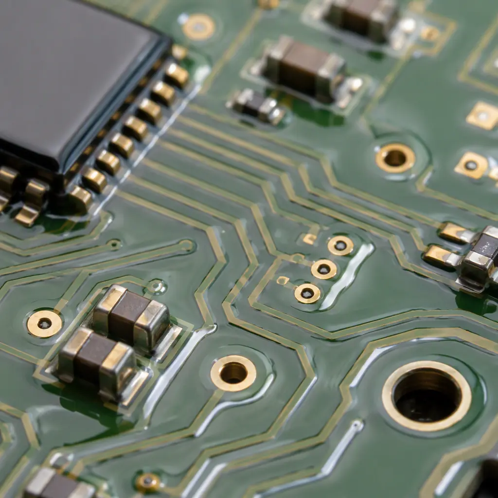 Macro photograph of a PCB surface coated in parylene showing a flawless, contoured glossy film conforming to sharp edges and pads