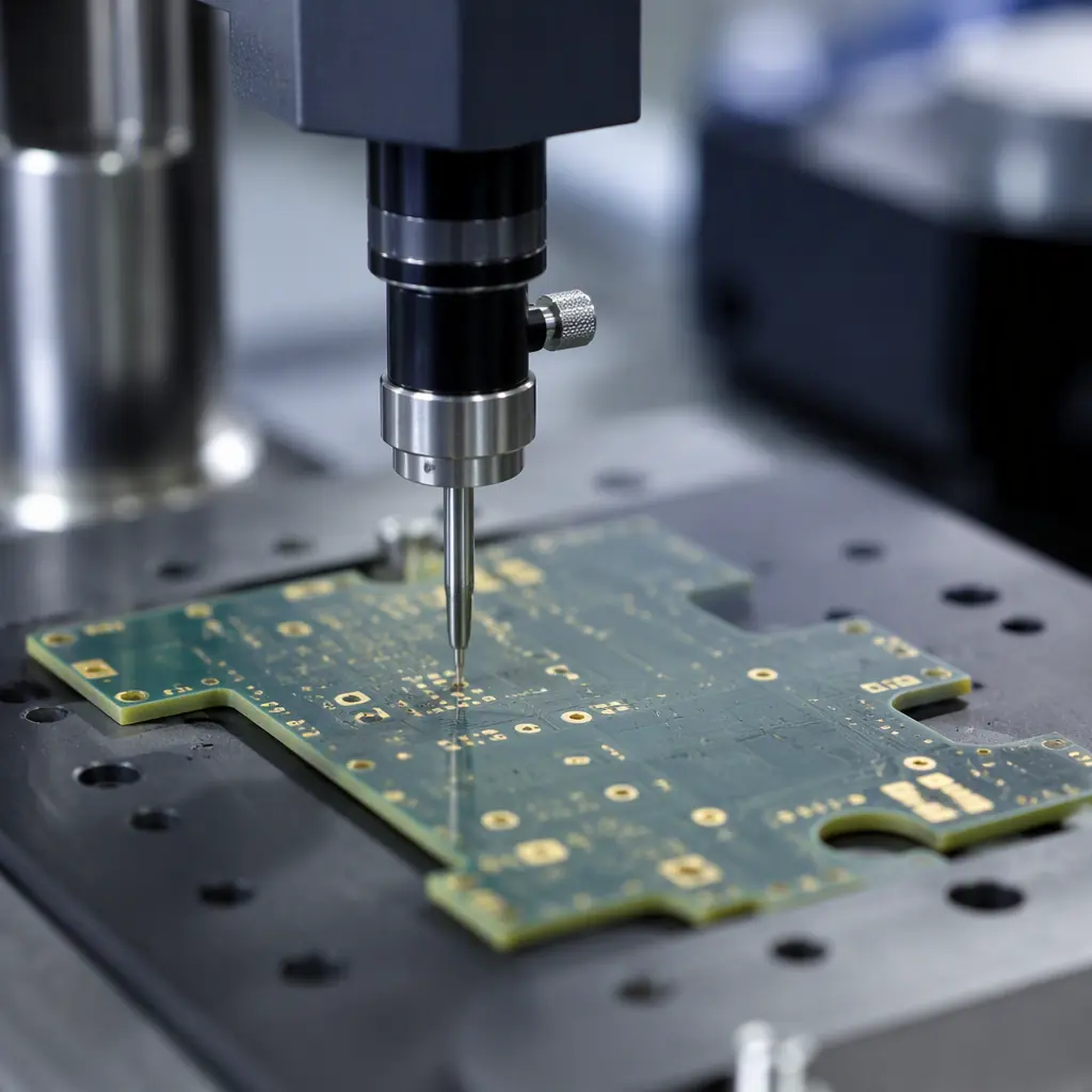 Macro photo of a parylene-coated PCB under measurement with a micro-thickness gauge on a lab bench