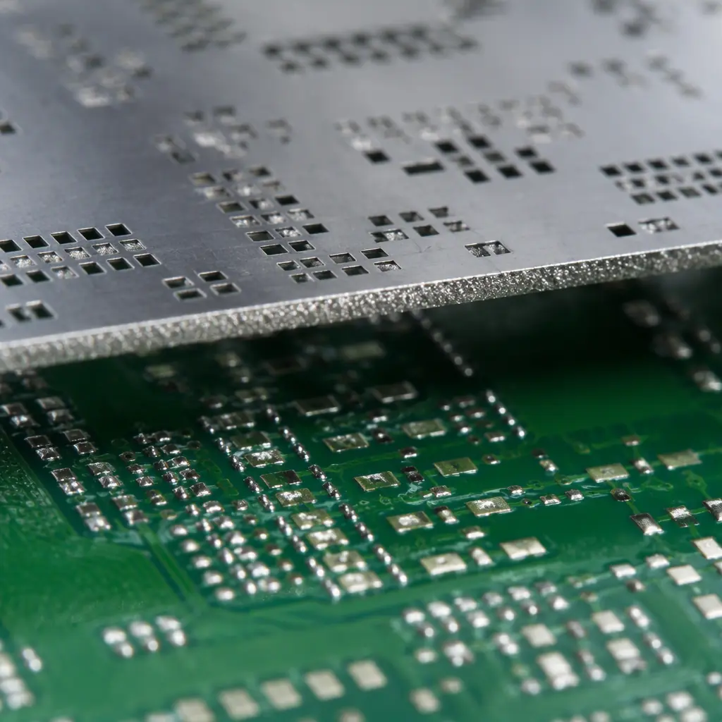 Edge of a laser-cut SMT stencil showing fine aperture patterns held over a circuit board during paste printing