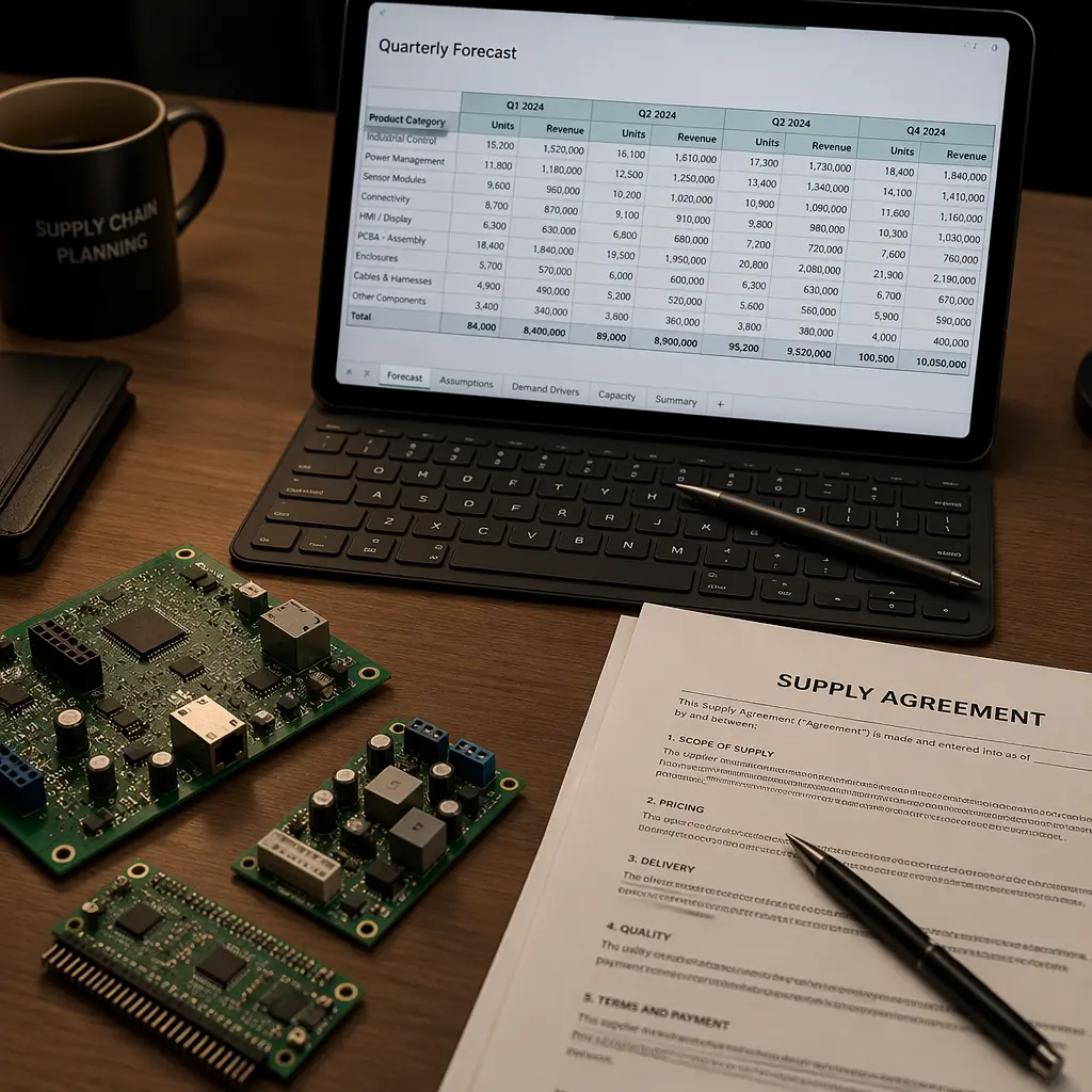 Supply chain planning desk with PCB samples, contract documents, and quarterly forecast spreadsheet