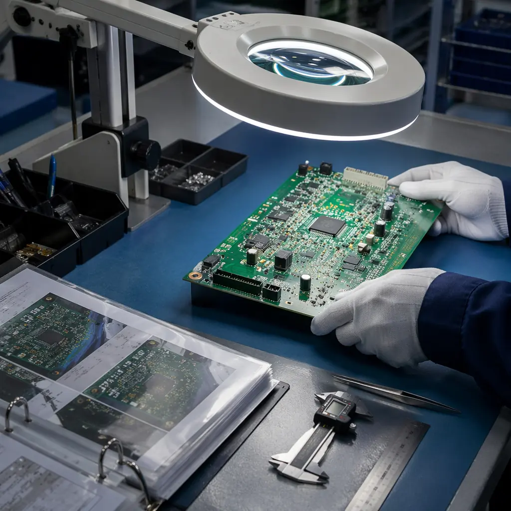 IPC-A-610 inspection workstation with microscope and acceptance criteria reference documentation for PCB quality control