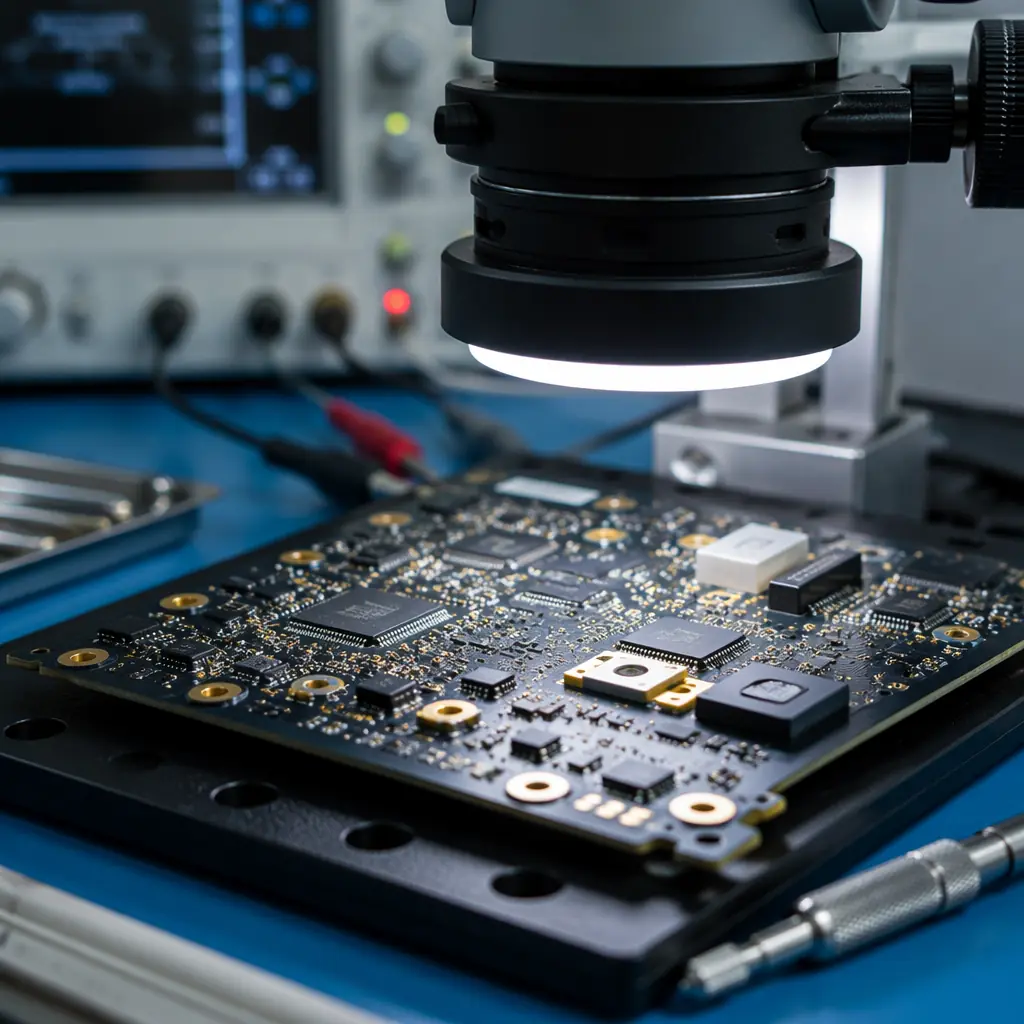 PCB quality control laboratory with inspection microscopes and testing equipment in certified electronics manufacturing facility