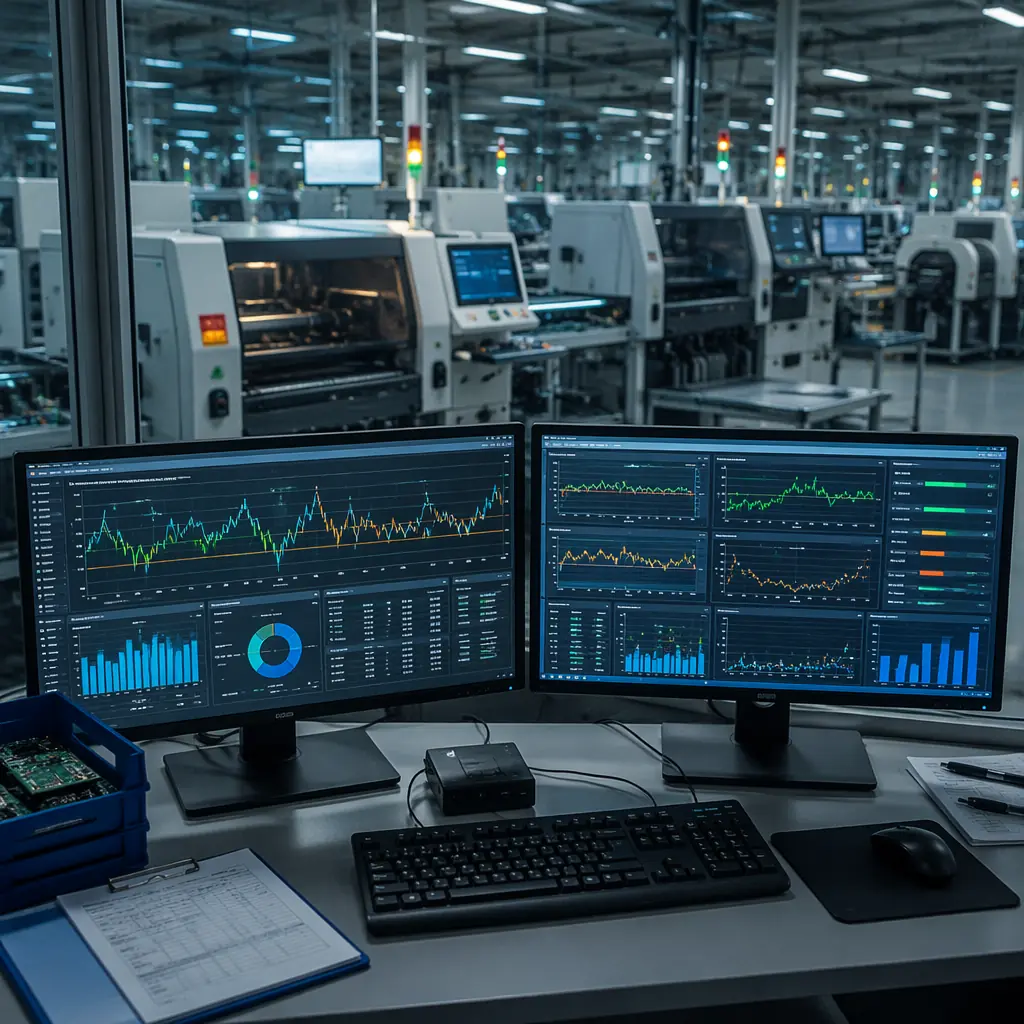 Statistical process control monitoring station with real-time data displays on PCB assembly production line