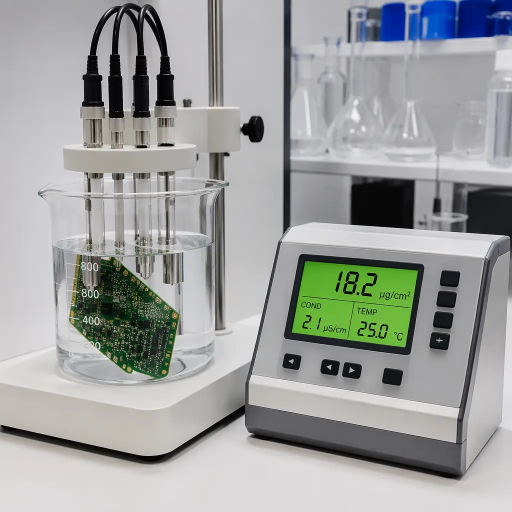 Ionic contamination tester measuring PCB cleanliness with ROSE test method