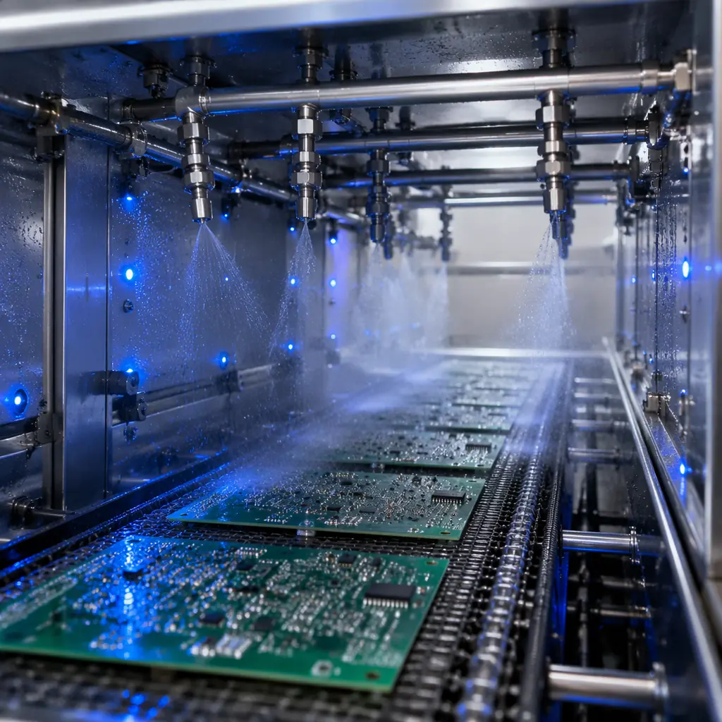 Industrial aqueous PCB cleaning machine with spray-in-air nozzles processing assembled boards