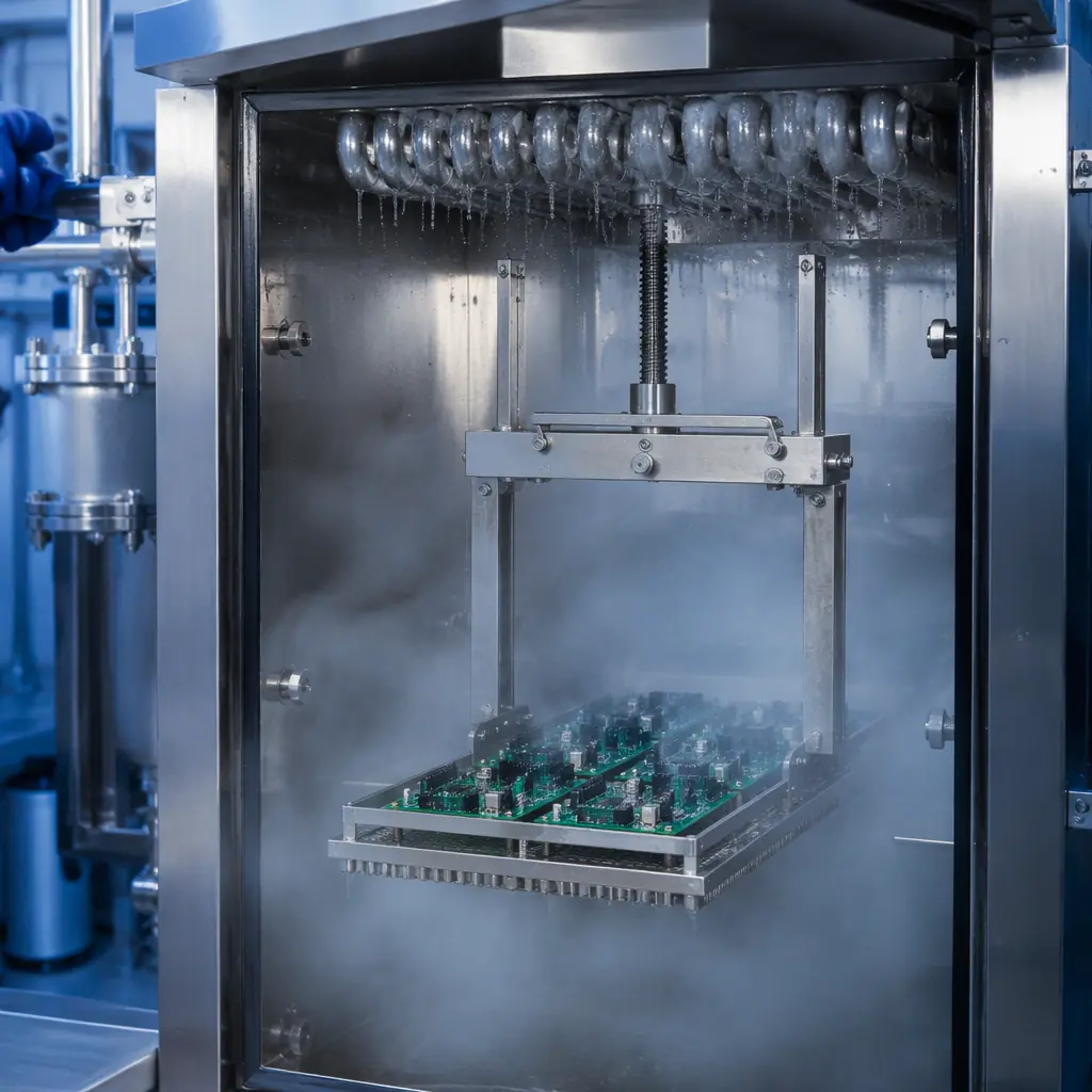 Vapor degreasing machine with PCB assembly entering the solvent vapor zone