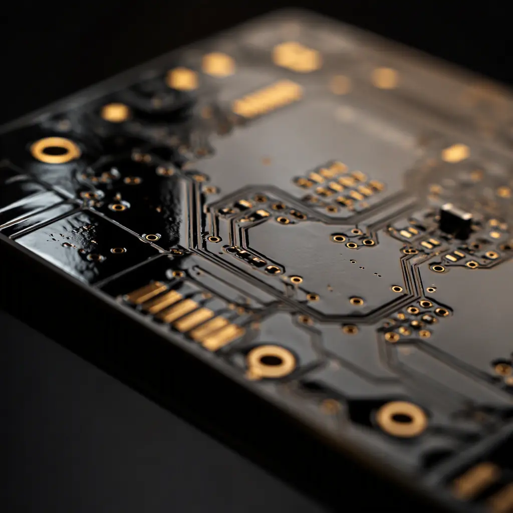 Macro photo of a coated PCB showing a thin parylene conformal film with a glossy, uniform surface and clearly visible pads and traces
