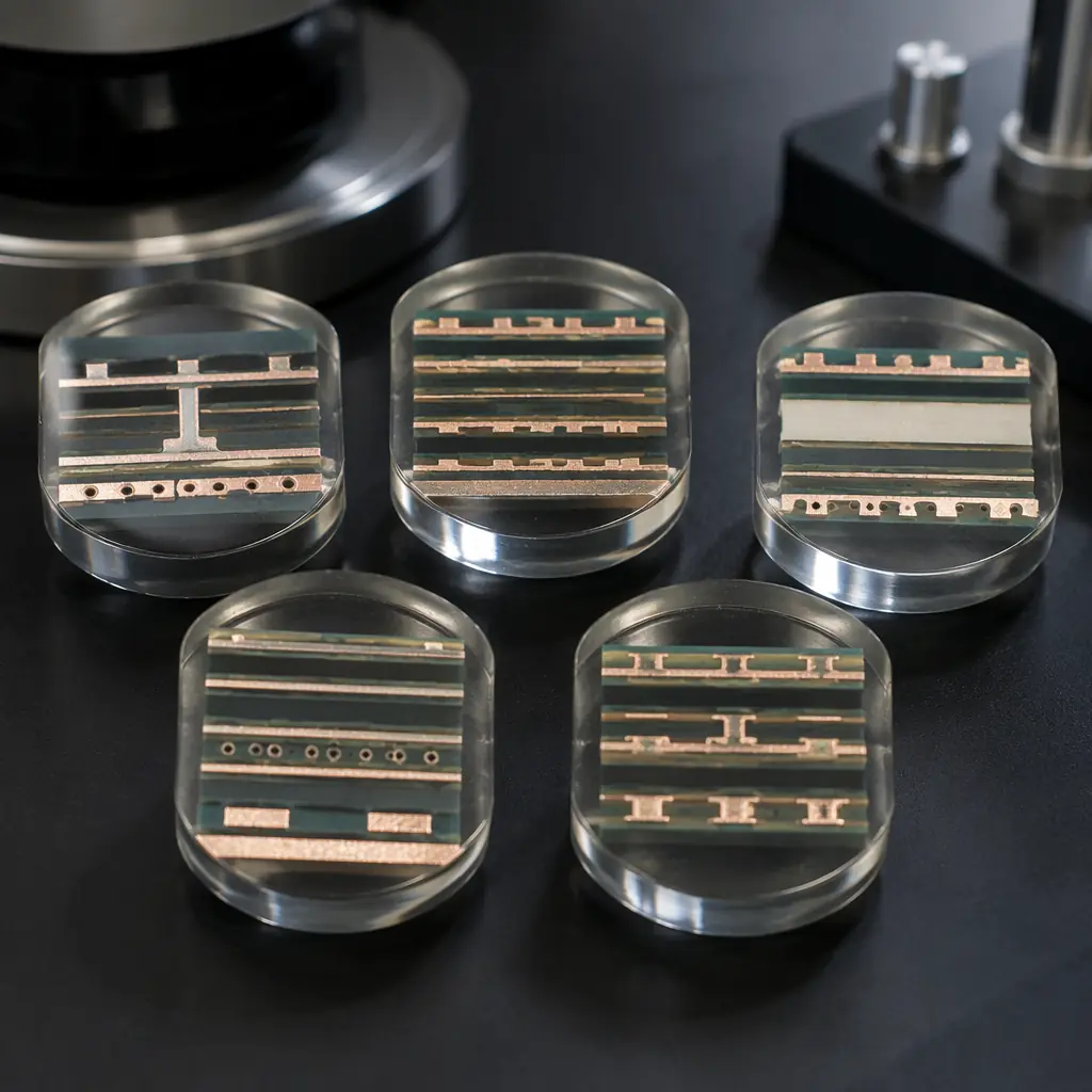 Five PCB cross-section coupons mounted in clear epoxy resin, polished and ready for metallographic microscopy inspection