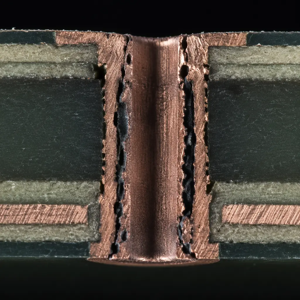 Defective plated through-hole cross-section showing thin uneven copper plating with visible voids and dark spots indicating poor plating quality