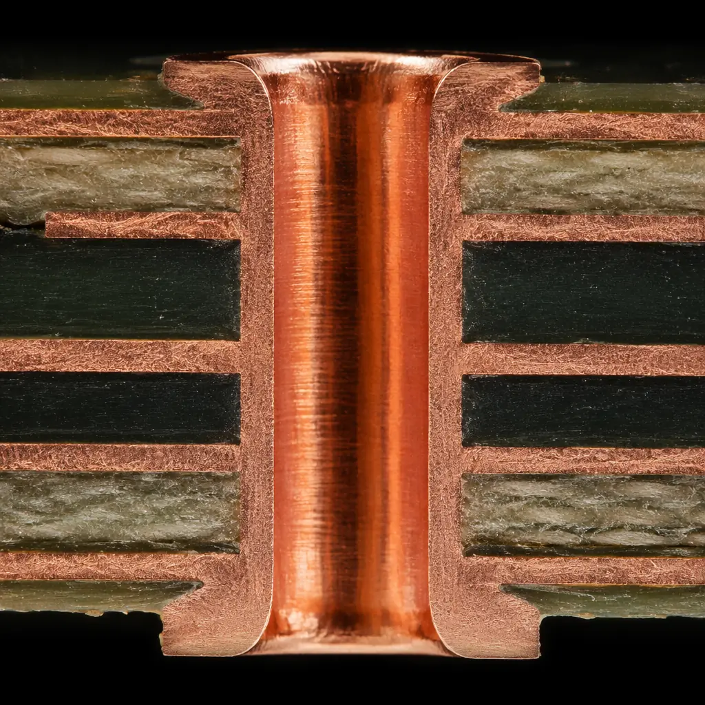 Cross-section of a perfectly formed plated through-hole with uniform thick copper barrel plating and smooth inner surface