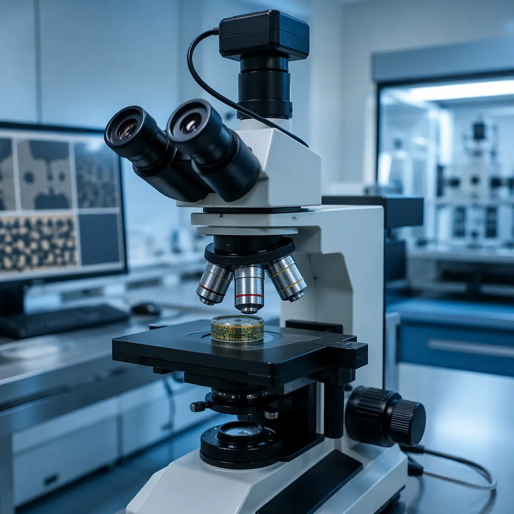 Professional metallographic microscope with PCB cross-section sample positioned on the stage for quality control inspection