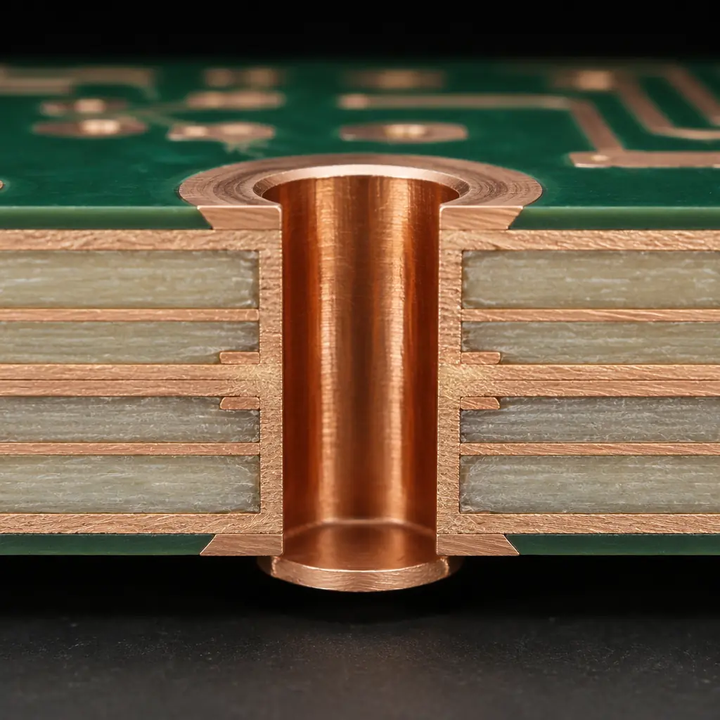 3D cross-section render of plated through-hole showing copper barrel, capture pad, and dielectric layers in a multilayer PCB