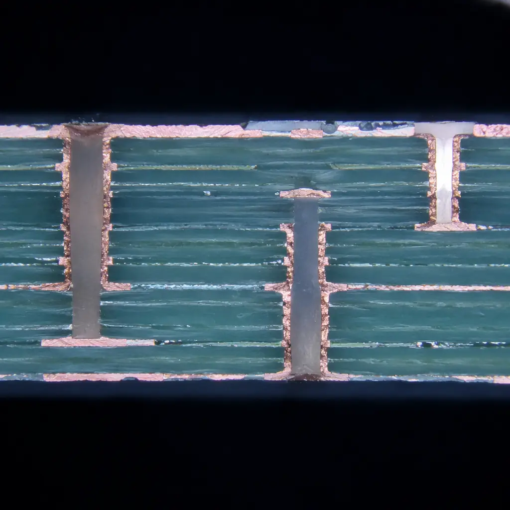 Cross-section micrograph of PCB via showing copper plating thickness measurement at 200x magnification