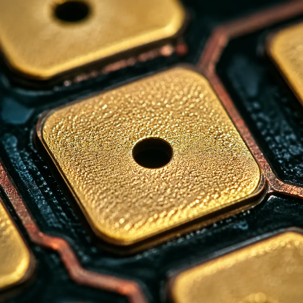 macro closeup of PCB surface showing solder pad under inspection microscope