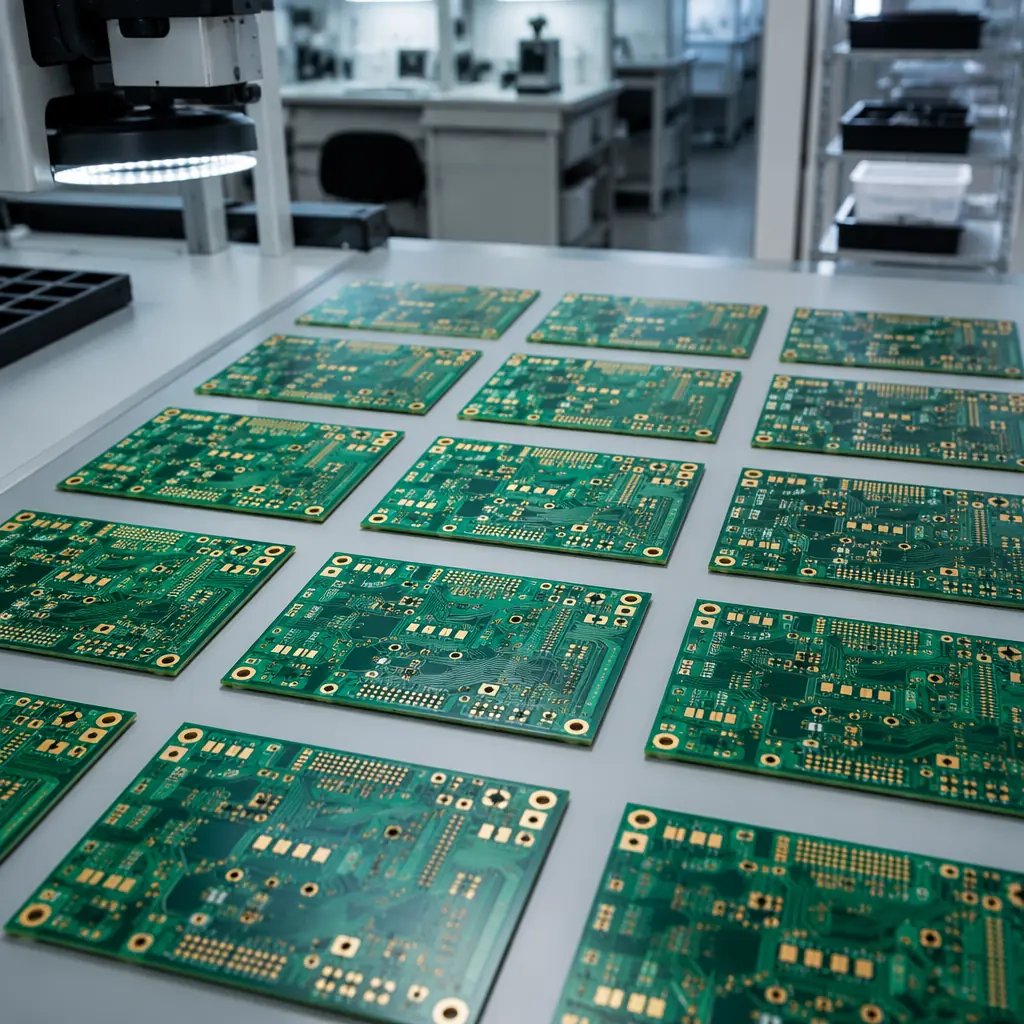PCB boards on inspection table under bright lighting with magnification tools