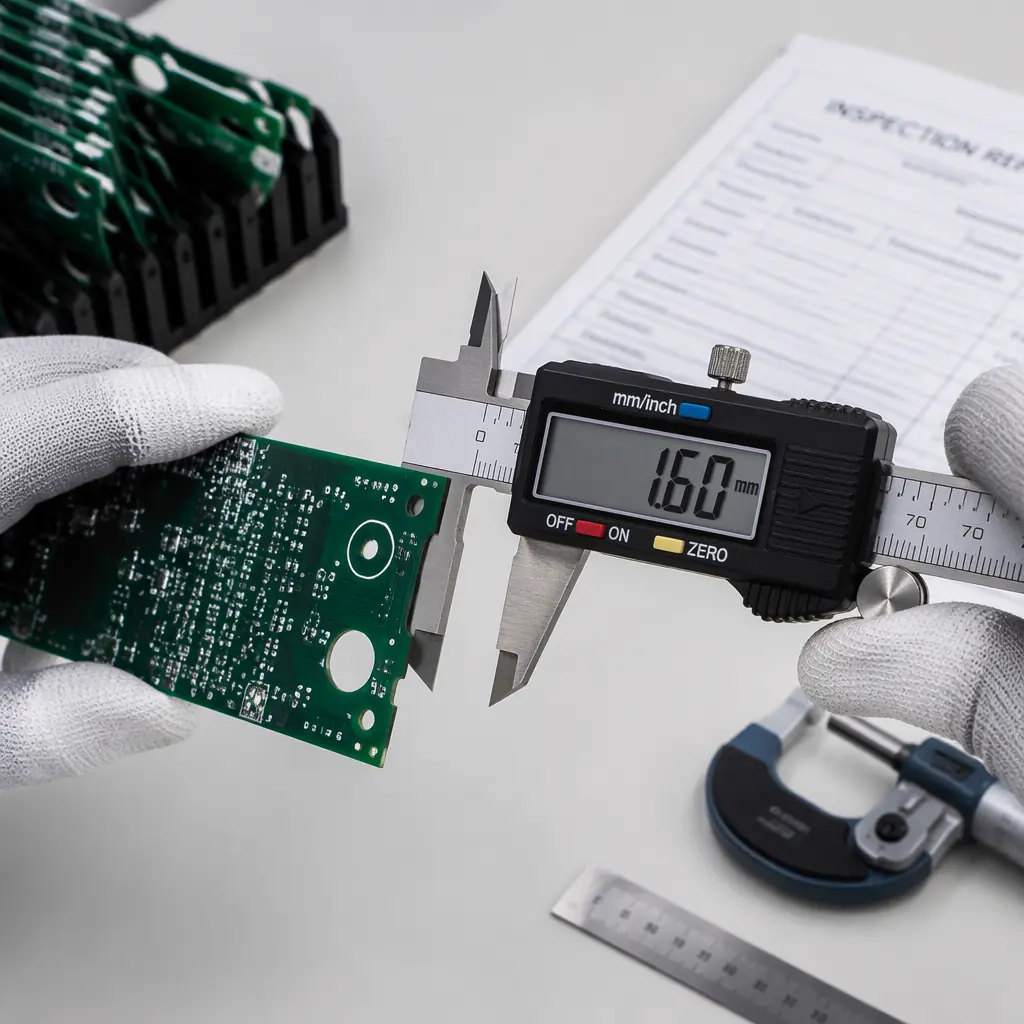 caliper measuring PCB thickness on inspection workbench with documentation