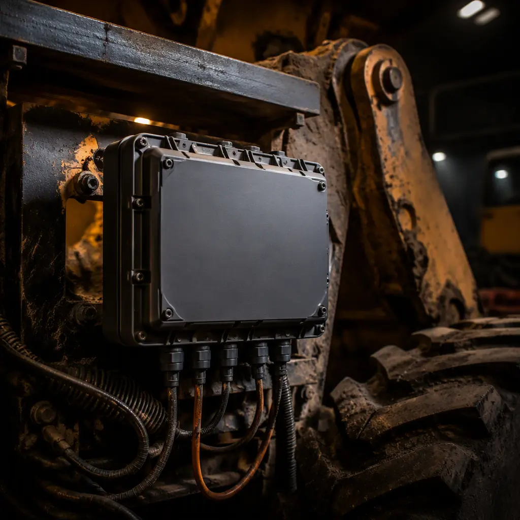 Industrial scene of a sealed PCB control box mounted on heavy mining machinery in a dark workshop, with warm gold accent lighting