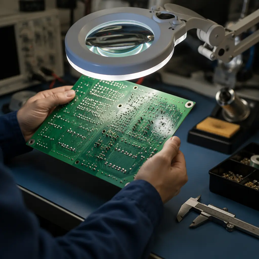 PCB quality control technician examining printed circuit board under microscope with measurement instruments for dimensional verification