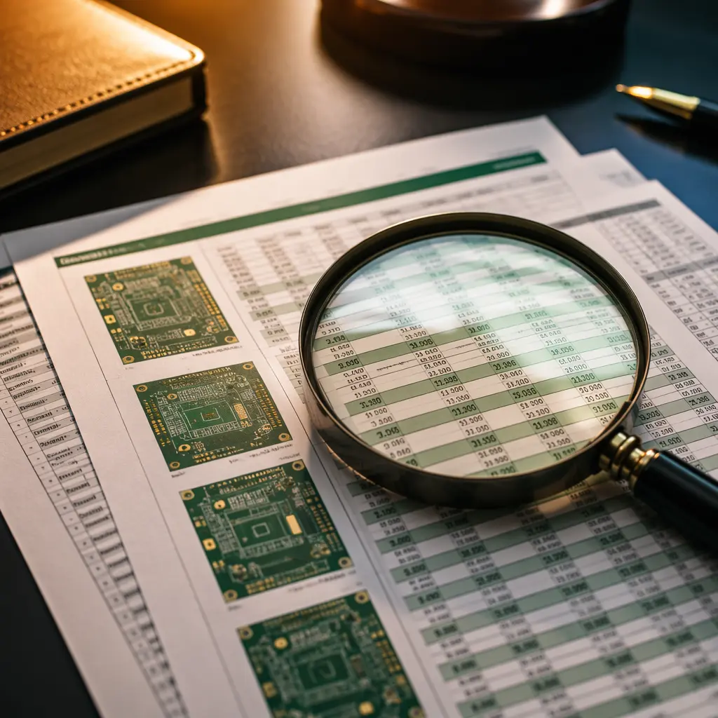 Printed PCB quotation document on a desk next to a PCB sample, calculator, and engineering drawings under warm office lighting