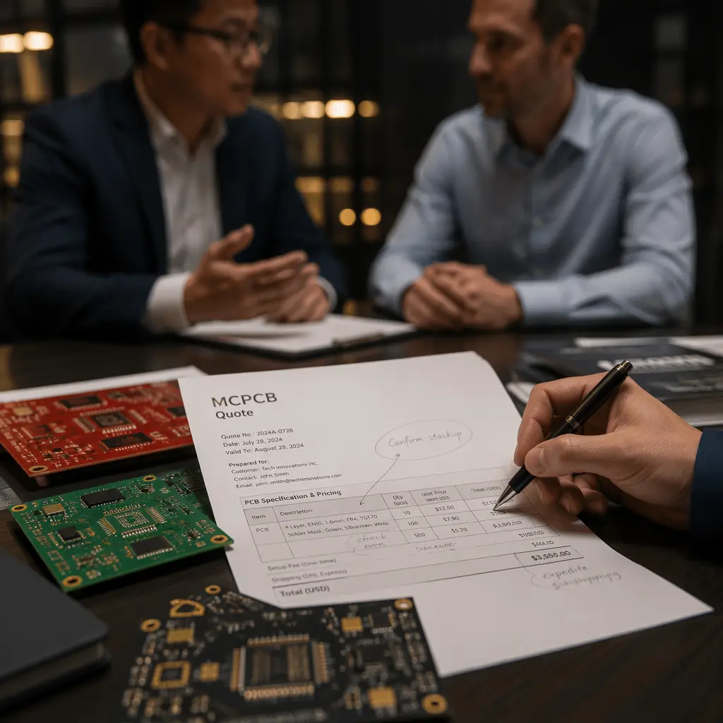 Business meeting scene with PCB samples on table, quote document being reviewed with pen annotations highlighting specific line items