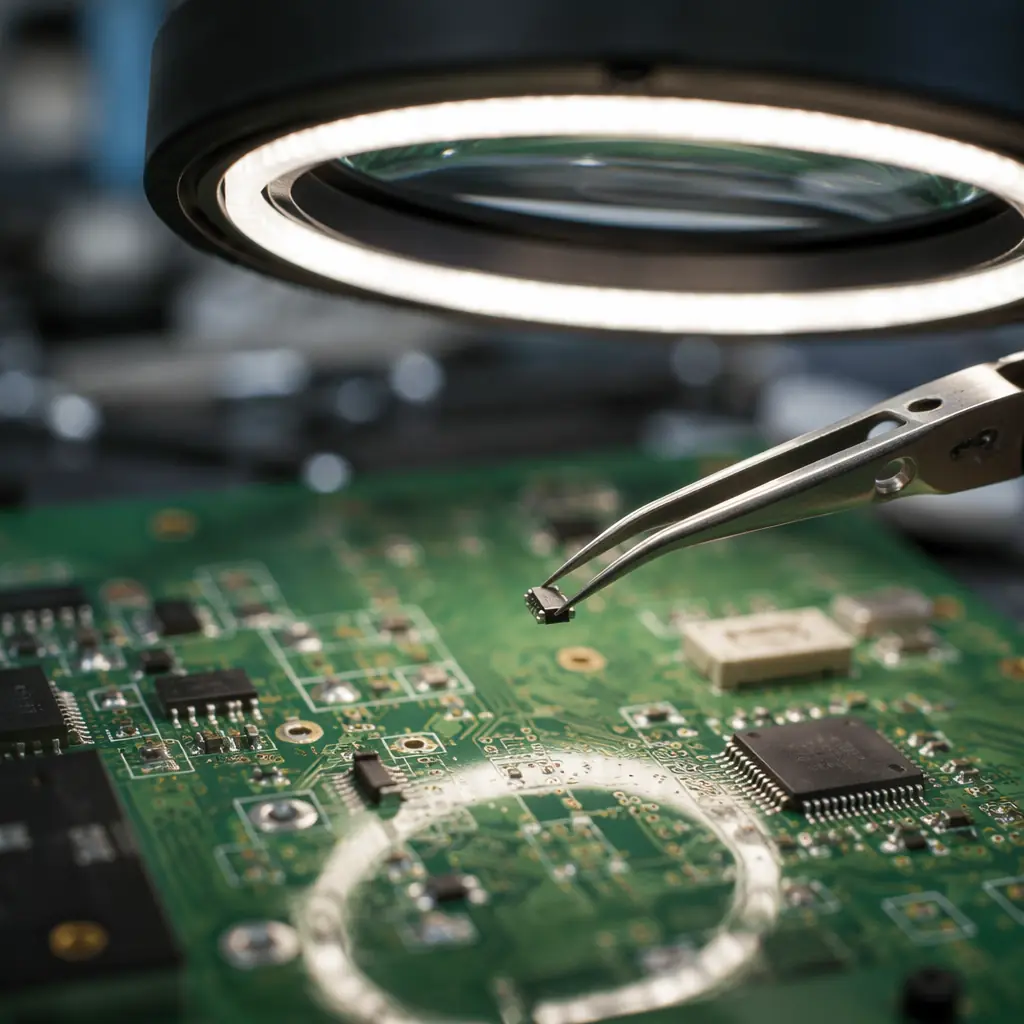 Macro photography of precision hot-air rework nozzle positioned over BGA component on PCB, with solder balls visible at component edge