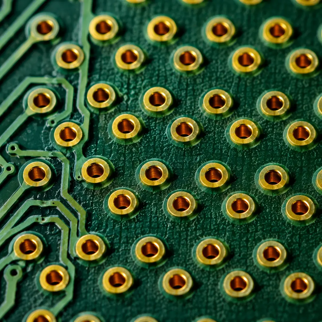 3D render of PCB cross-section showing thermal via array with copper barrel plating connecting multiple layers