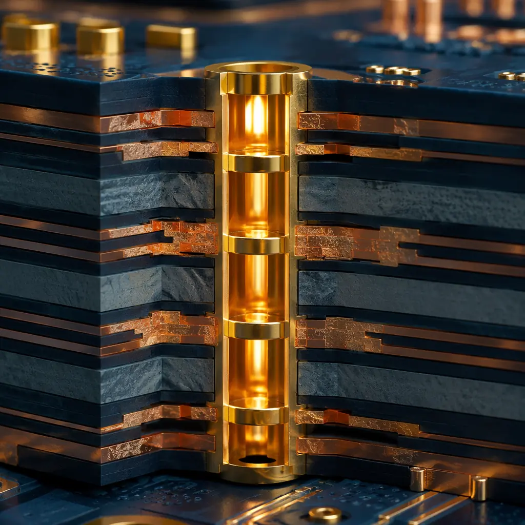 Macro photograph of a power electronics PCB showing dense thermal via array under a MOSFET, copper thermal pad with solder mask, and attached aluminum heat sink