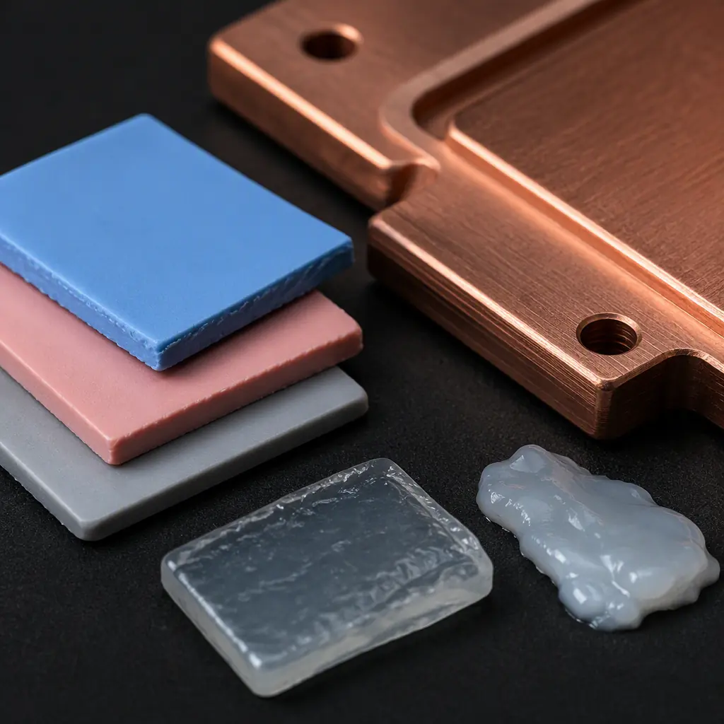Thermally conductive gap pad and phase-change material samples on a dark surface next to a copper heat plate