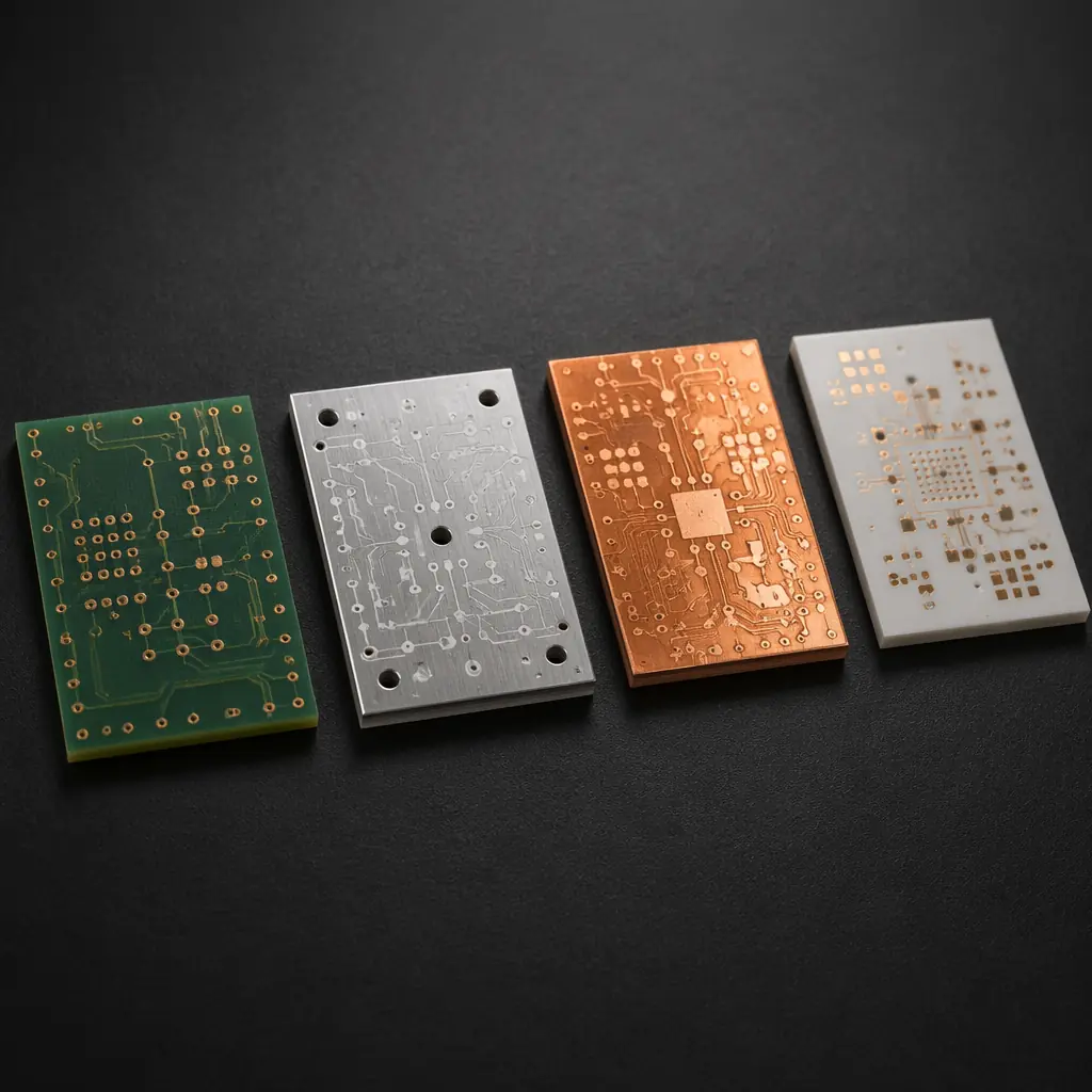 Four PCB substrate samples arranged side by side: green FR-4, silver aluminum-core, copper-core, and white ceramic substrate