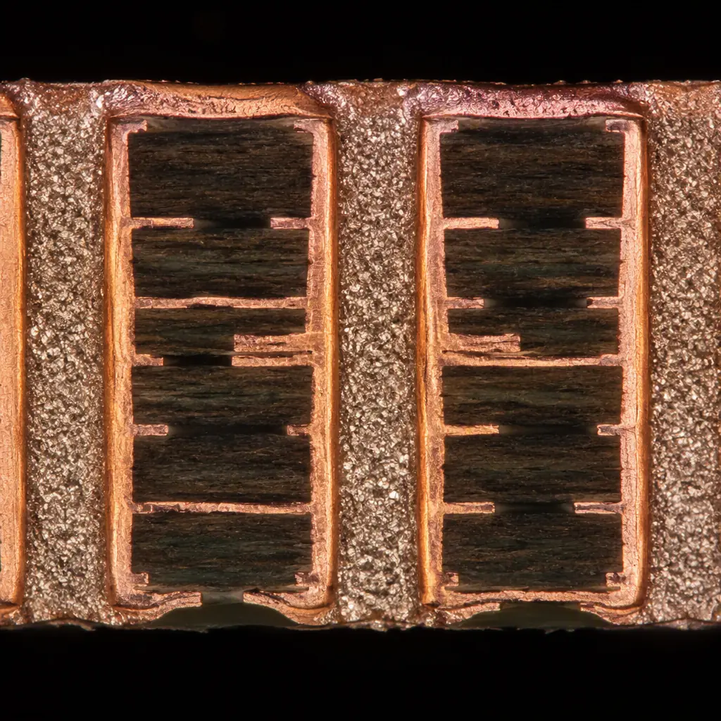 Close-up cross-section view revealing thermal via array in a multi-layer PCB, showing copper barrel plating connecting top thermal pad to internal ground planes