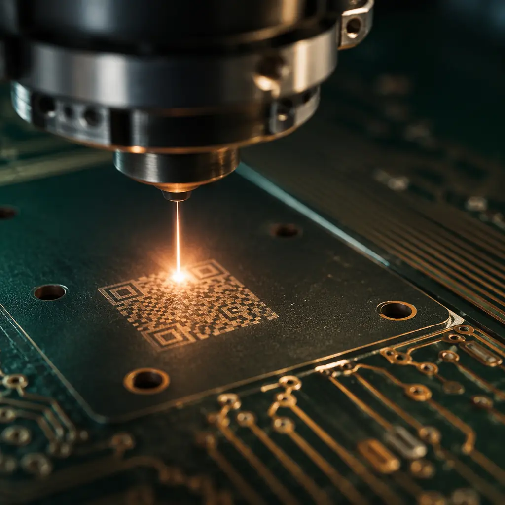 Laser-marked 2D data matrix code on a green PCB with serial number and date code visible under macro lens in electronics factory