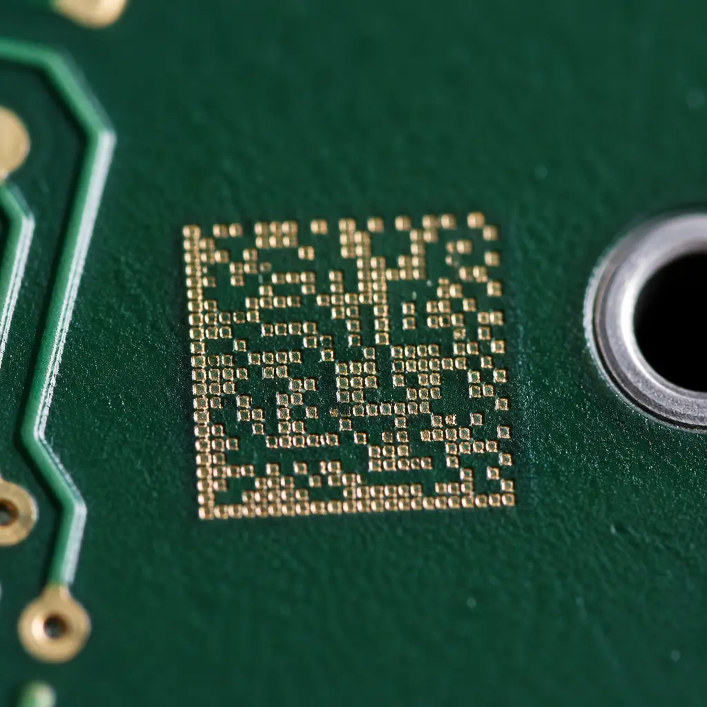 Close-up macro photography of laser-etched 2D data matrix code on PCB surface showing high-contrast readability