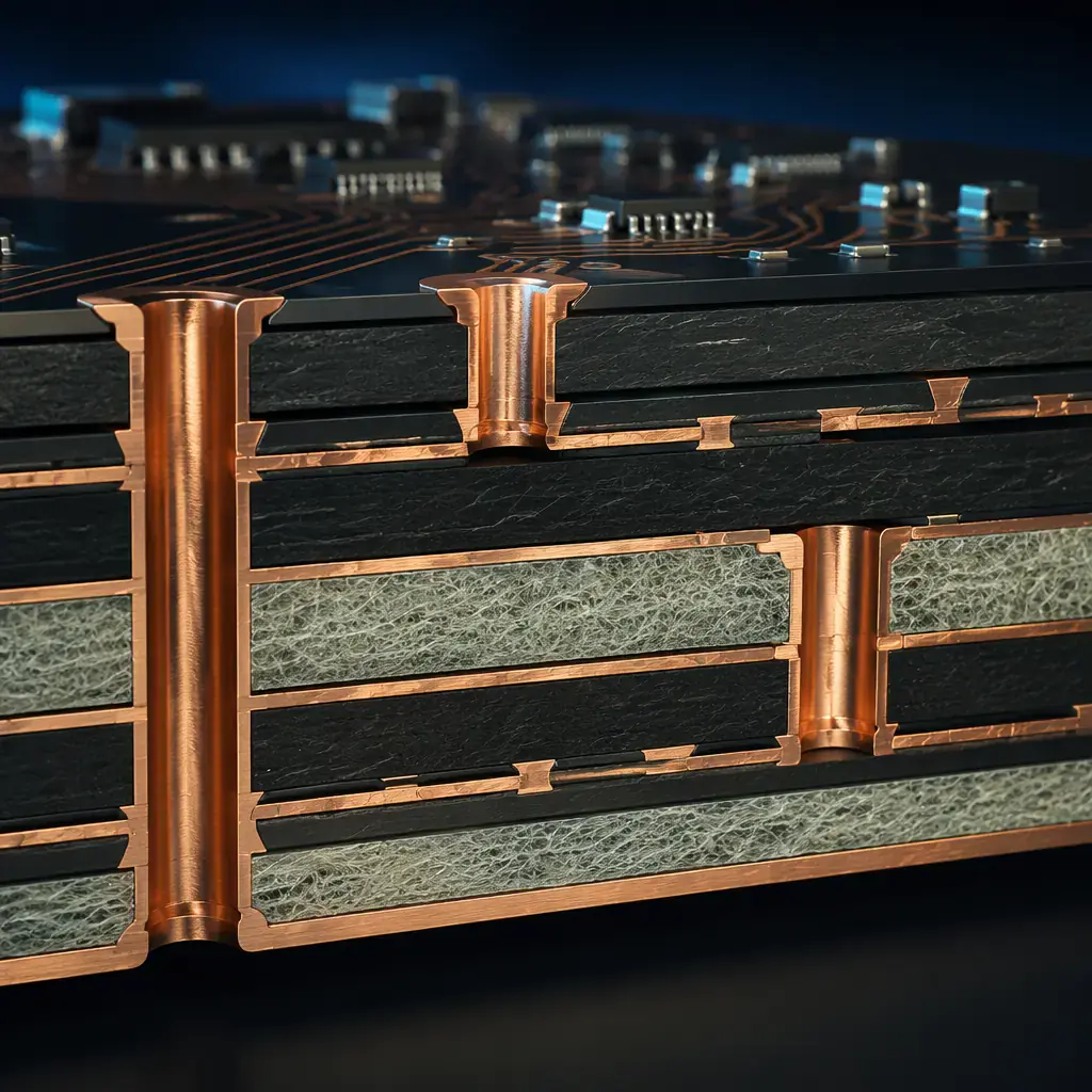 Photorealistic 3D cross-section of multilayer PCB showing blind and buried via transitions between copper layers
