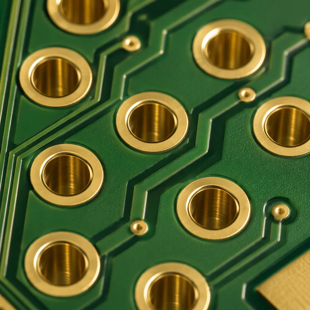 Macro photograph of plated through-holes showing intact annular rings on copper pads, with precise registration