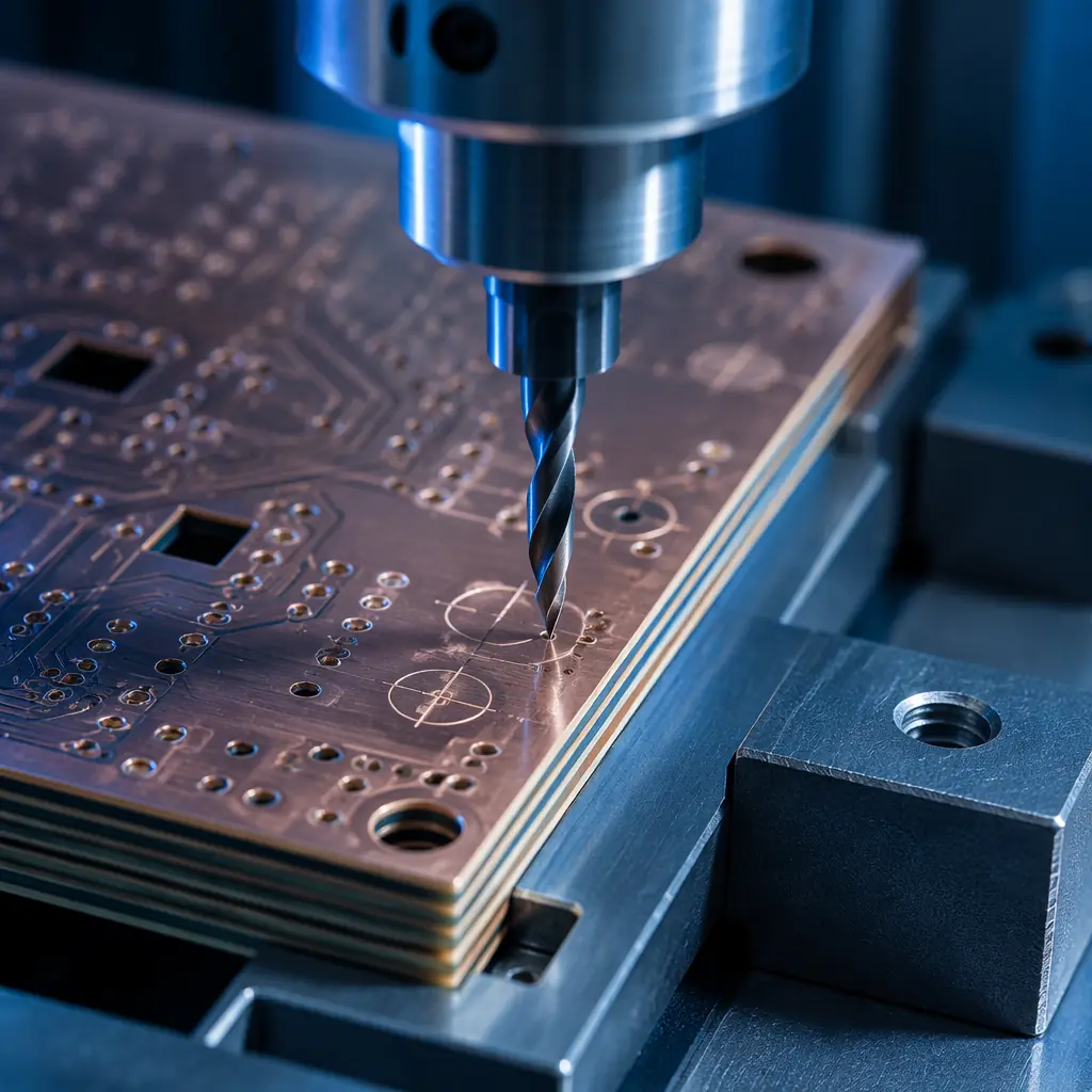 Close-up of CNC drill bits and PCB stack on a drilling machine bed with alignment targets visible