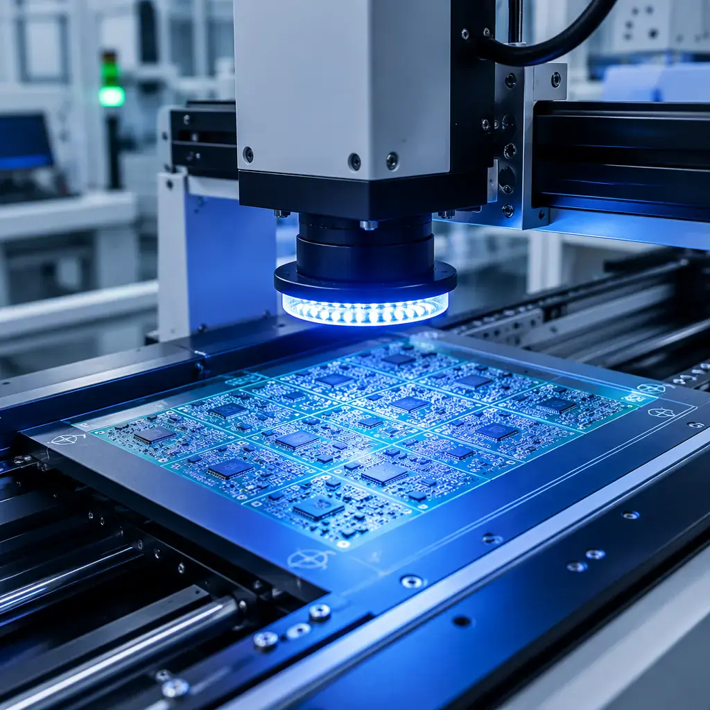 AOI inspection machine scanning a PCB panel with illuminated camera head and fiducial alignment