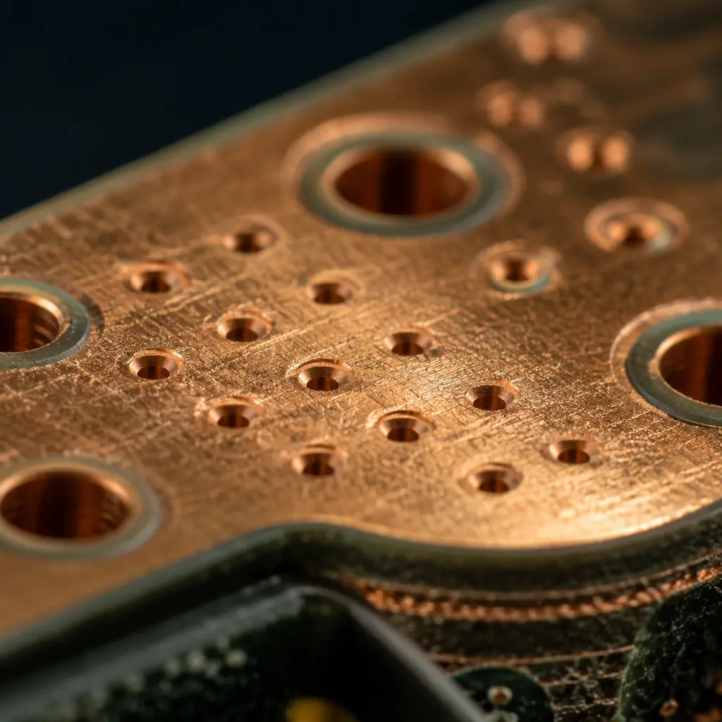 Macro photograph of laser-drilled microvias on a copper pad, showing the characteristic tapered wall profile