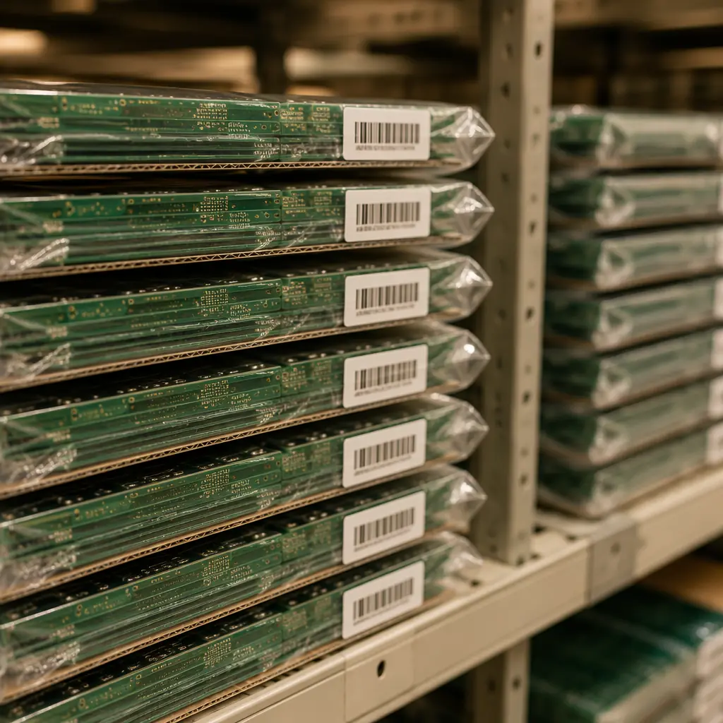 Organized PCB inventory shelves in a modern electronics manufacturing facility — labeled bins with circuit boards ready for pull-based delivery