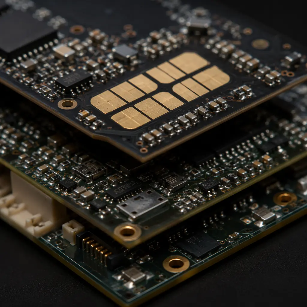 Macro photograph of a multi-layer PCB from a payment terminal showing tamper-detection traces, secure MCU mounting area, and gold-plated contact pads for smart card reader