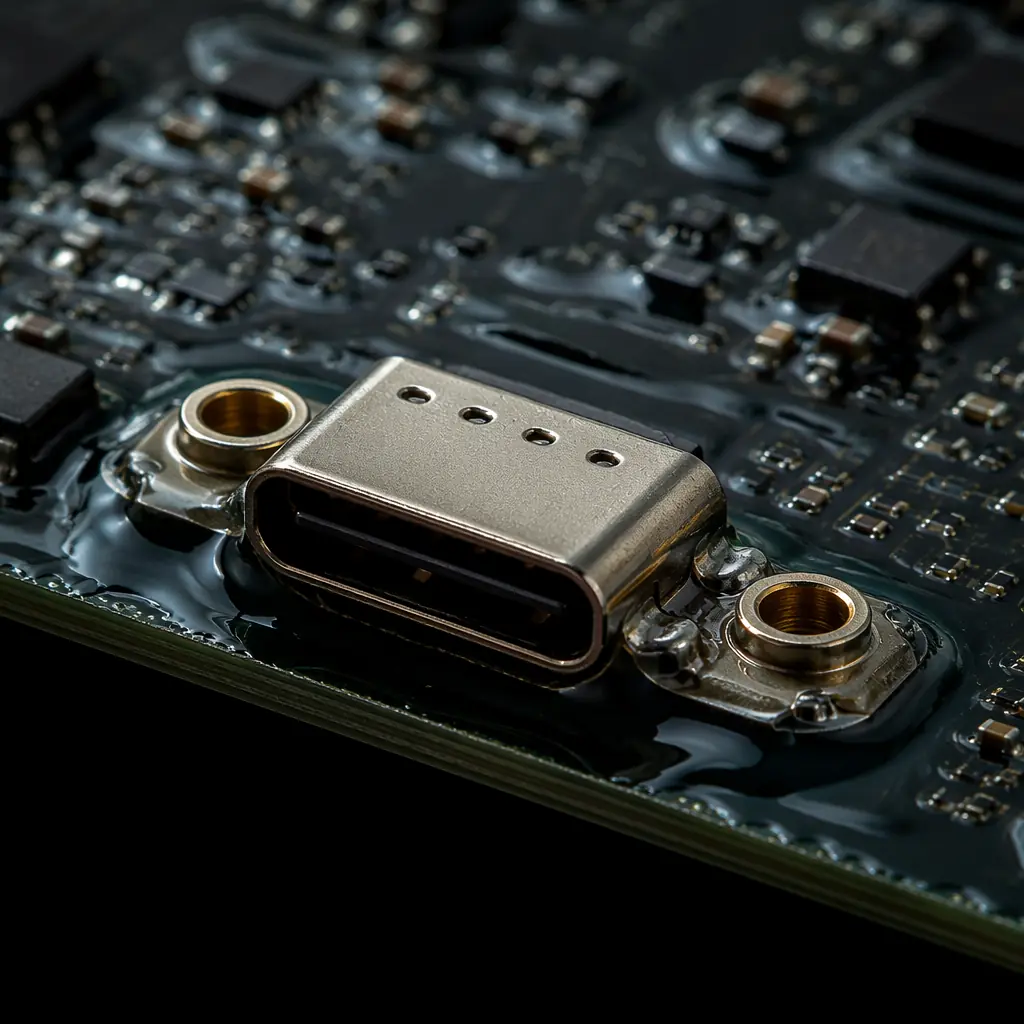 Ruggedized PCB assembly with reinforced USB-C connector, conformal coating coverage on critical components, and edge-mounted contact pads for smart card reader