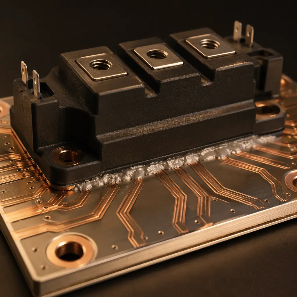 Power electronics PCB with thick copper busbars and IGBT modules mounted on aluminum-core substrate in EV power inverter application