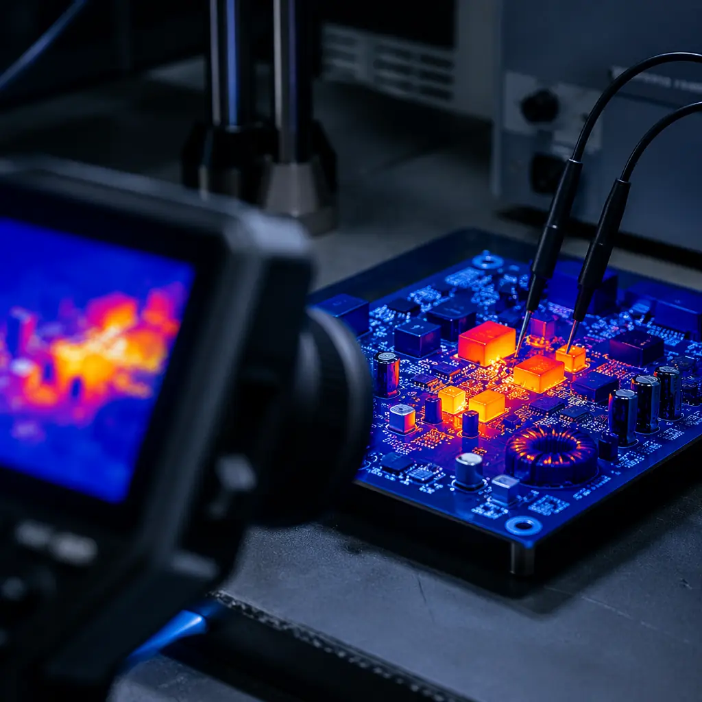 Thermal camera image of power electronics PCB under load testing showing heat distribution across IGBT modules and copper bus planes