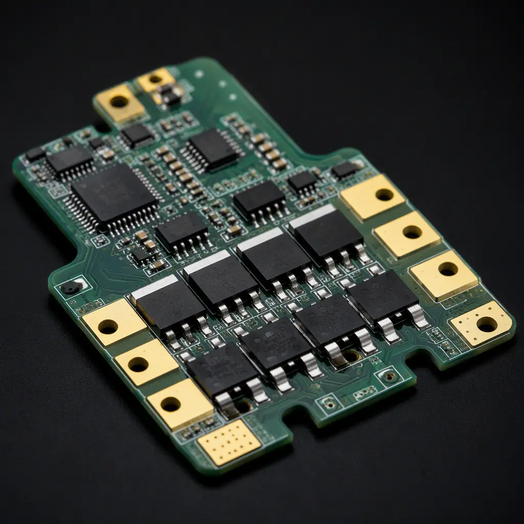 Technical photograph of a Li-ion battery management system PCB for cordless power tools, showing cell balancing ICs and protection MOSFETs