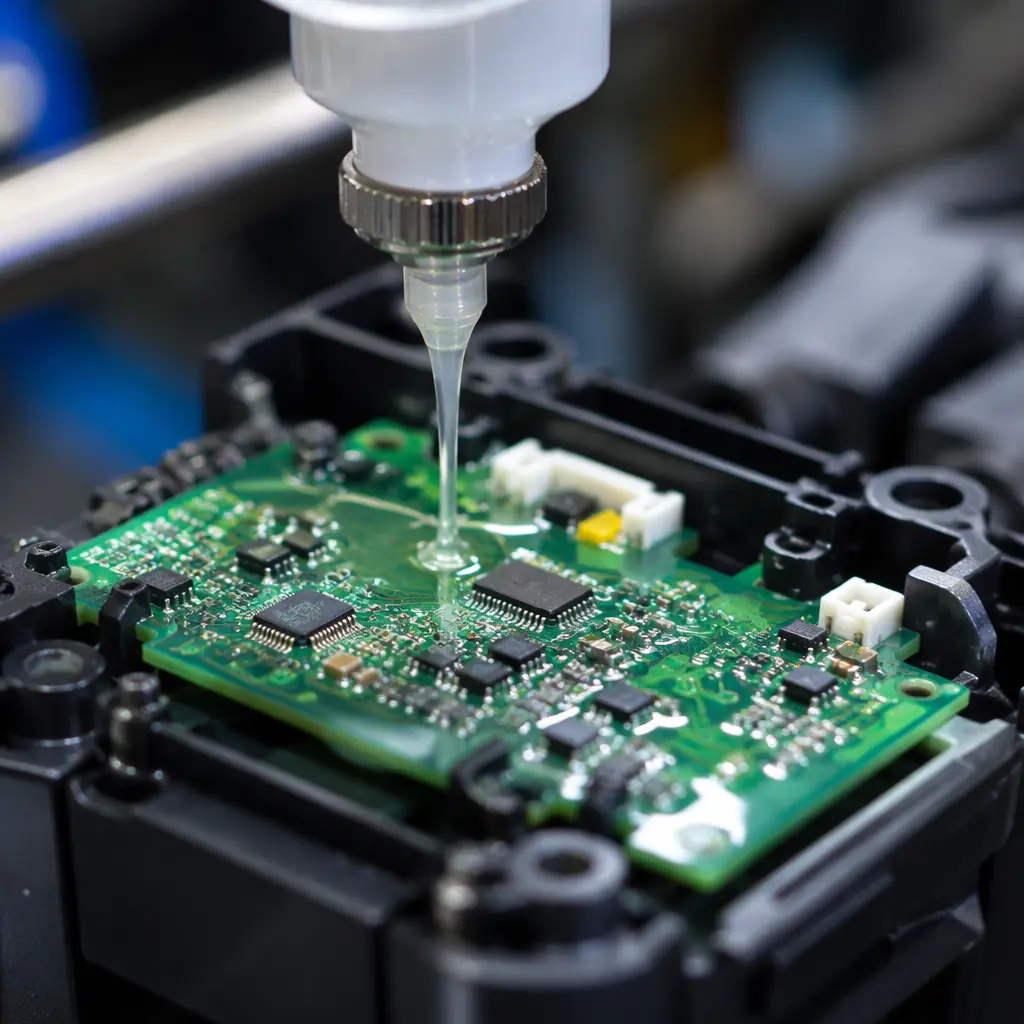 Macro photograph of conformal coating being applied to a power tool control PCB, with visible acrylic coating layer on SMD components